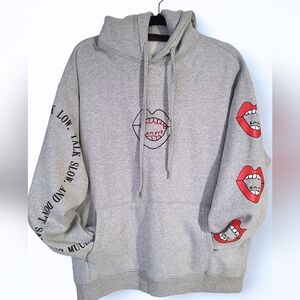 Gray Graphic Hoodie with Red Lips Design
